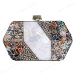 Front view of White and Abalone Mother-of-Pearl Handbag with Gemstones Under Decorative Wire Wrapping