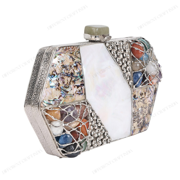 Angle view of White and Abalone Mother-of-Pearl Handbag with Gemstones Under Decorative Wire Wrapping