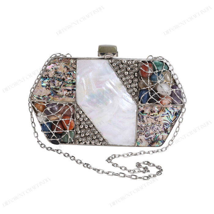 Front view of White and Abalone Mother-of-Pearl Handbag with Gemstones Under Decorative Wire Wrapping and Chain strap