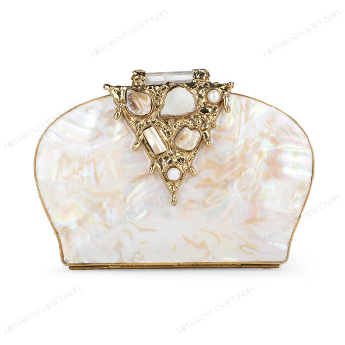 Front view of White Half-Moon Mother-of-Pearl Clutch Purse with Gold Gemstone-Embellished Triangular