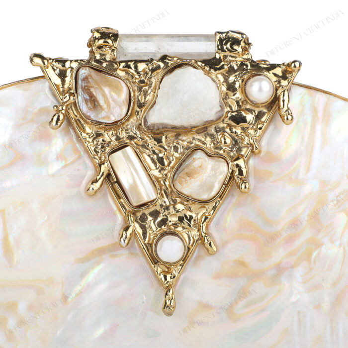 Closeup of White Half-Moon Mother-of-Pearl Clutch Purse with Gold Gemstone-Embellished Triangular