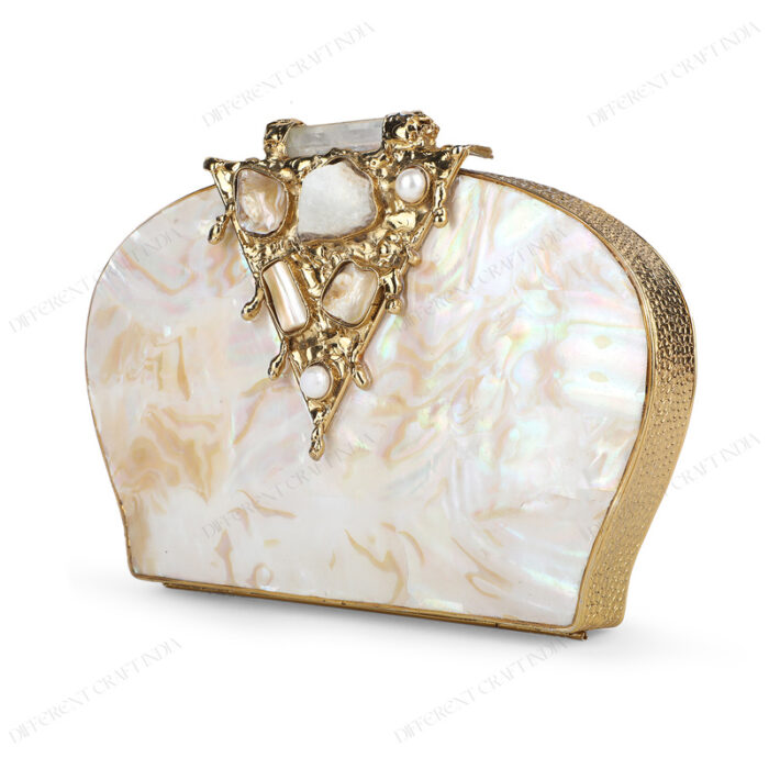 Angle view of White Half-Moon Mother-of-Pearl Clutch Purse with Gold Gemstone-Embellished Triangular