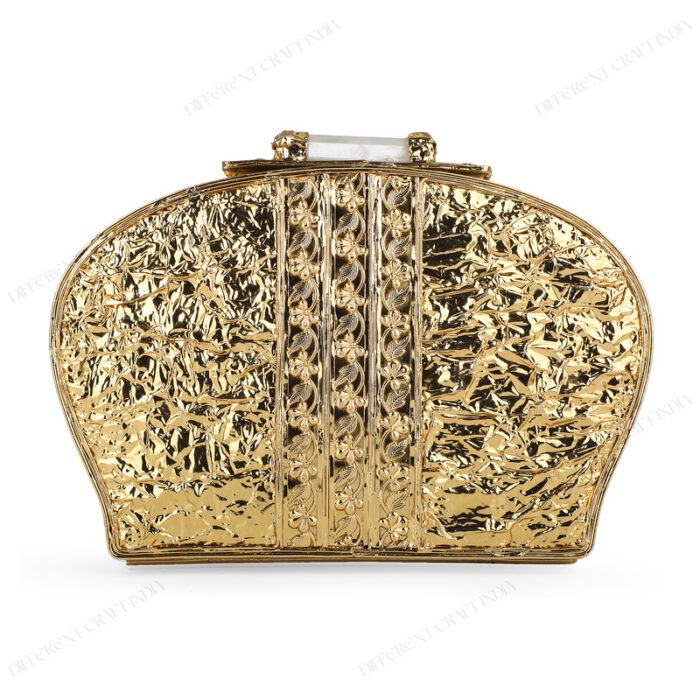 Back view of White Half-Moon Mother-of-Pearl Clutch Purse showcasing crumpled texture back