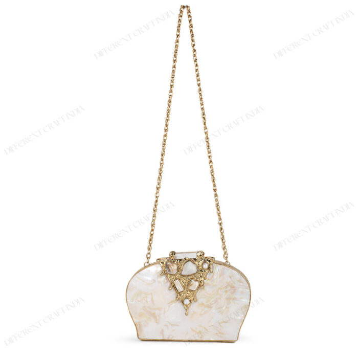 Full view of White Half-Moon Mother-of-Pearl Clutch Purse with Gold Gemstone-Embellished Triangular and chain strap