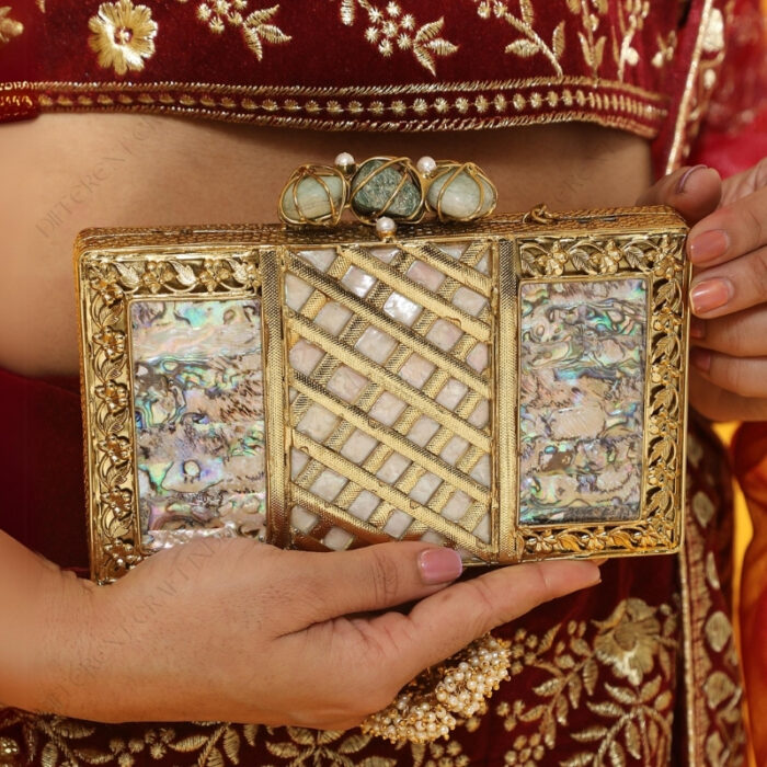 Abalone Mother of Pearl Evening Bag with Gold Lattice Pattern and Wire-Wrapped Stone Trio