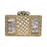 Front view of Abalone Mother of Pearl Evening Bag with Gold Lattice Pattern and Wire-Wrapped Stone Trio