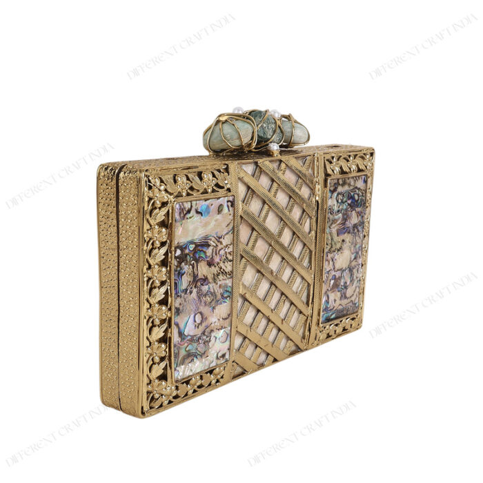 Angle view of Abalone Mother of Pearl Evening Bag with Gold Lattice Pattern and Wire-Wrapped Stone Trio