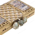 Rare view of Abalone Mother of Pearl Evening Bag with Gold Lattice Pattern and Wire-Wrapped Stone Trio