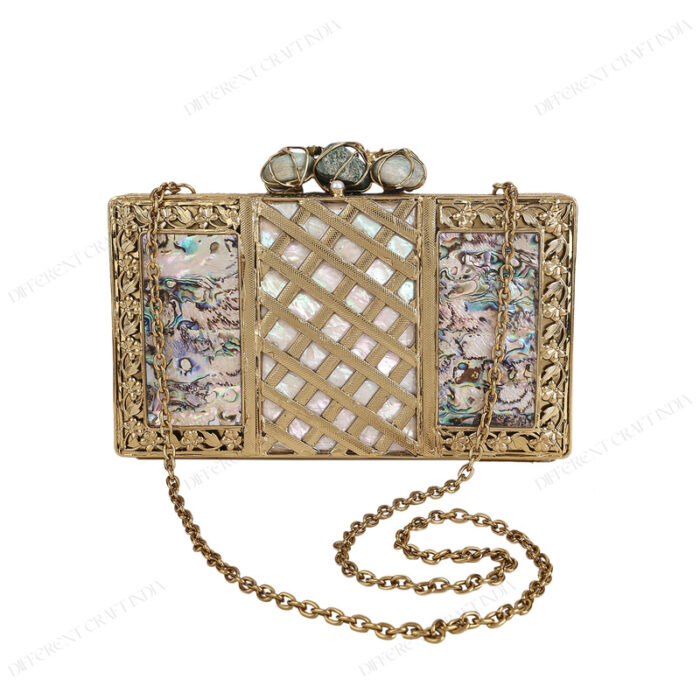 Front view of Abalone Mother of Pearl Evening Bag with Gold Lattice Pattern and Wire-Wrapped Stone Trio and long chain strap