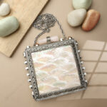 White Mother-of-Pearl Purse with Gemstone-Adorned Square Silver Frame and Floral Border