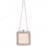 Full view of White Mother-of-Pearl Purse with Gemstone-Adorned Square Silver Frame, strap chain and Floral Border