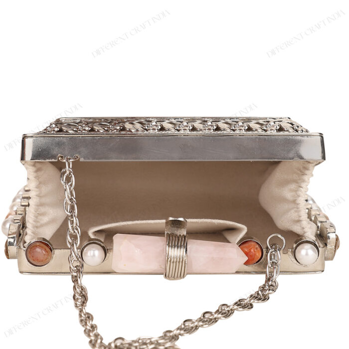 Top Interior view of White Mother-of-Pearl Purse showcasing the suede lining