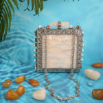 White Mother-of-Pearl Purse with Gemstone-Adorned Square Silver Frame and Floral Border