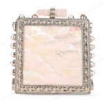 Front view of White Mother-of-Pearl Purse with Gemstone-Adorned Square Silver Frame and Floral Border