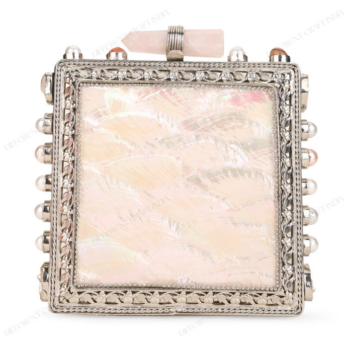 Front view of White Mother-of-Pearl Purse with Gemstone-Adorned Square Silver Frame and Floral Border