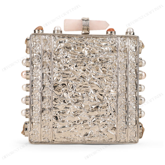 Back view of White Mother-of-Pearl Purse showcasing the crumpled texture brass