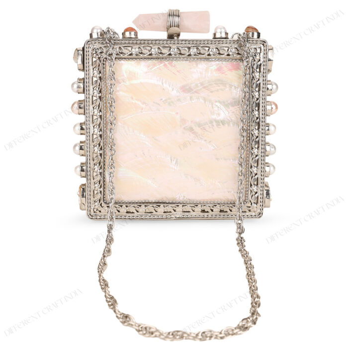 Front view of White Mother-of-Pearl Purse with Gemstone-Adorned Square Silver Frame, strap chain and Floral Border