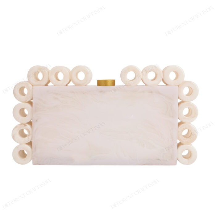 Stylish White Resin Ring Clutch with Marble-Like Finish, Adorned with 24 Exquisite Rings