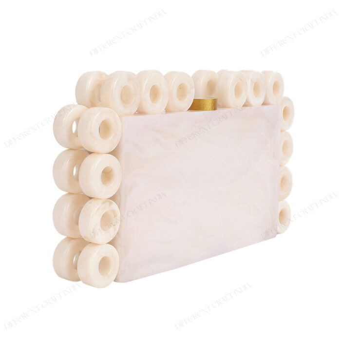 Stylish White Resin Ring Clutch with Marble-Like Finish, Adorned with 24 Exquisite Rings