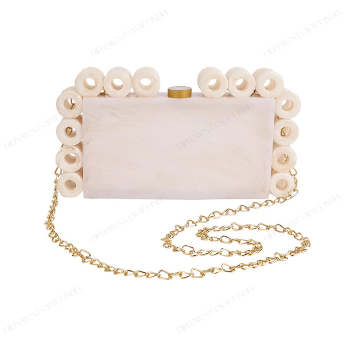 Stylish White Resin Ring Clutch with Marble-Like Finish, Adorned with 24 Exquisite Rings