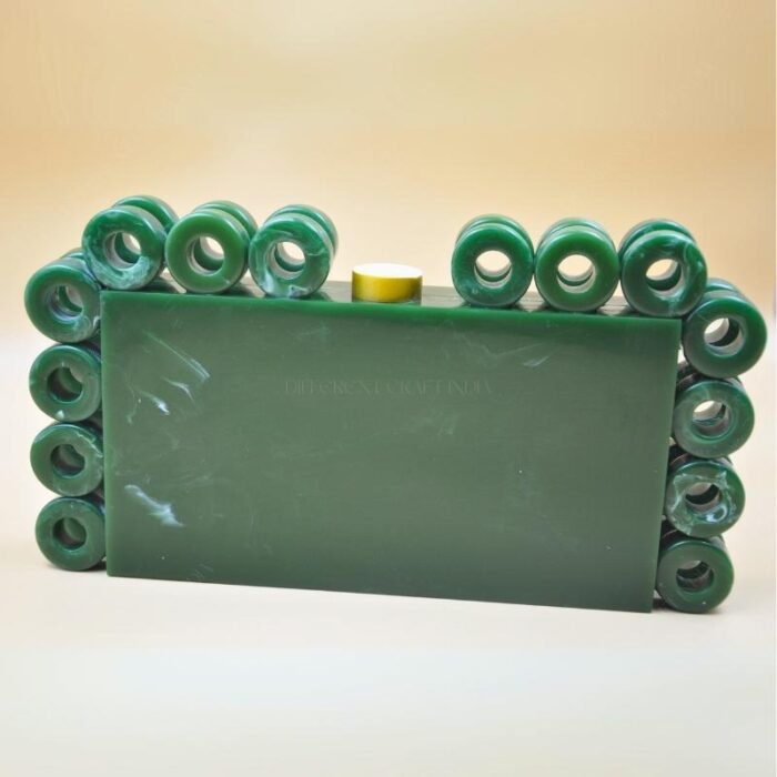 Stylish Resin Green Ring Clutch with Marble-Like Finish, Adorned with 24 Exquisite Rings