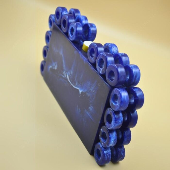 Stylish Resin Blue Ring Clutch with Marble-Like Finish, Adorned with 24 Exquisite Rings