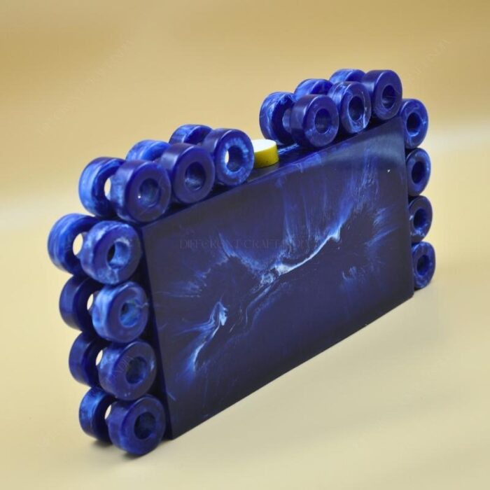 Stylish Resin Blue Ring Clutch with Marble-Like Finish, Adorned with 24 Exquisite Rings