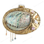 Front view of Gemstone-Embellished Paua Abalone Seashell Clutch with Gold Frame & Metal Chain Accent