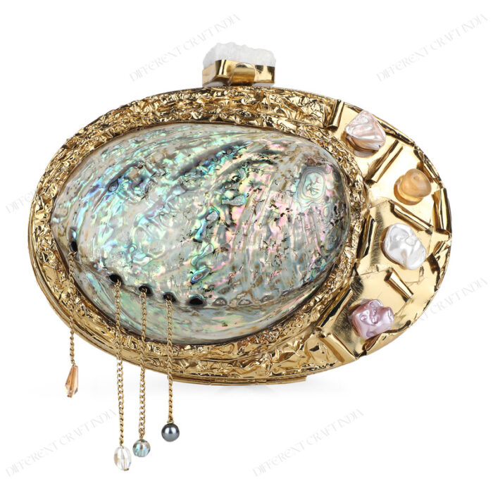 Front view of Gemstone-Embellished Paua Abalone Seashell Clutch with Gold Frame & Metal Chain Accent