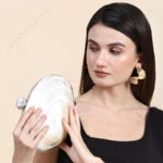 Iridescent White Double-Sided Pearl Clam Shell Evening Bag with Silver Metal Frame