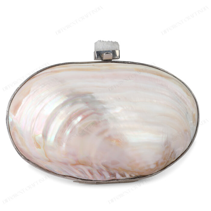 Front view of Iridescent White Double-Sided Pearl Clam Shell Evening Bag with Silver Metal Frame