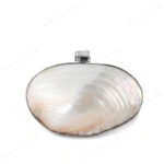 Back view of Iridescent White Double-Sided Pearl Clam Shell Evening Bag with Silver Metal Frame