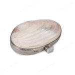 Angle view of Iridescent White Double-Sided Pearl Clam Shell Evening Bag with Silver Metal Frame