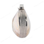 Side view of Iridescent White Double-Sided Pearl Clam Shell Evening Bag with Silver Metal Side Frame with pebbled texture