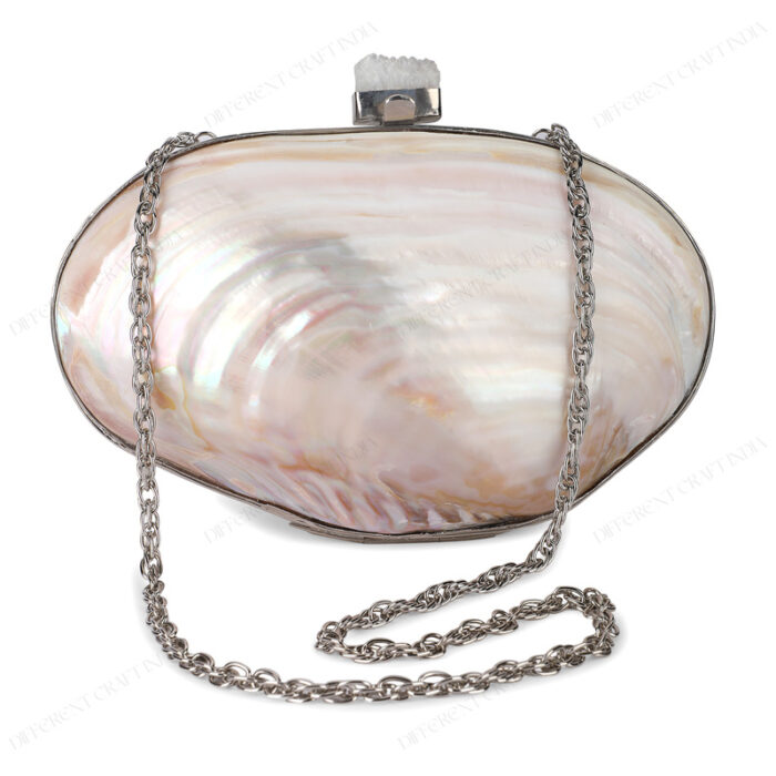 Front view of Iridescent White Double-Sided Pearl Clam Shell Evening Bag with Silver Metal chain strap