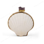 Front view of Mini Double-Sided White Scallop Shell Purse with Gold-Toned Smooth Frame and Amethyst Knob