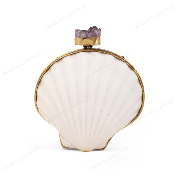 Front view of Mini Double-Sided White Scallop Shell Purse with Gold-Toned Smooth Frame and Amethyst Knob