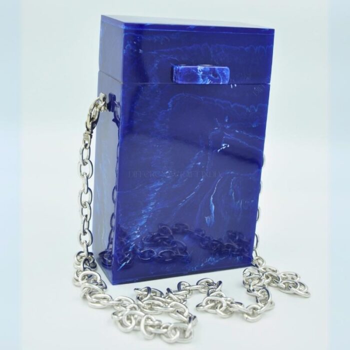 Elegant Blue Box-Shaped Vertical Resin Clutch with Marble Finish & Detachable Chain