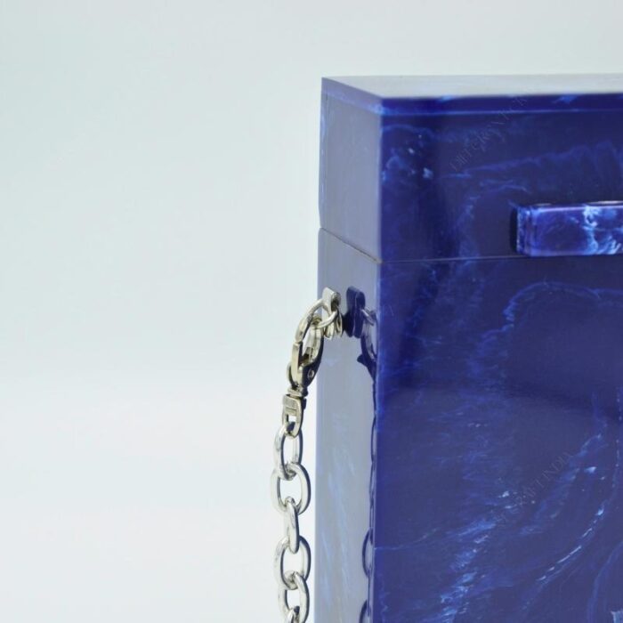 Elegant Blue Box-Shaped Vertical Resin Clutch with Marble Finish & Detachable Chain