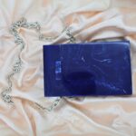 Elegant Blue Box-Shaped Vertical Resin Clutch with Marble Finish & Detachable Chain