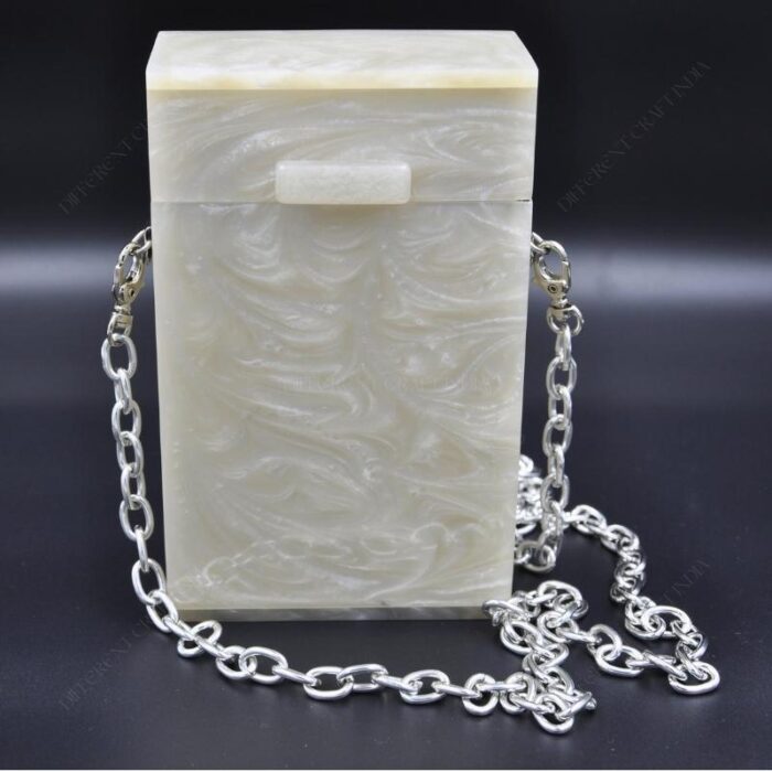 Elegant White Box-Shaped Vertical Resin Clutch with Marble Finish & Detachable Chain