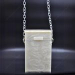 Elegant White Box-Shaped Vertical Resin Clutch with Marble Finish & Detachable Chain