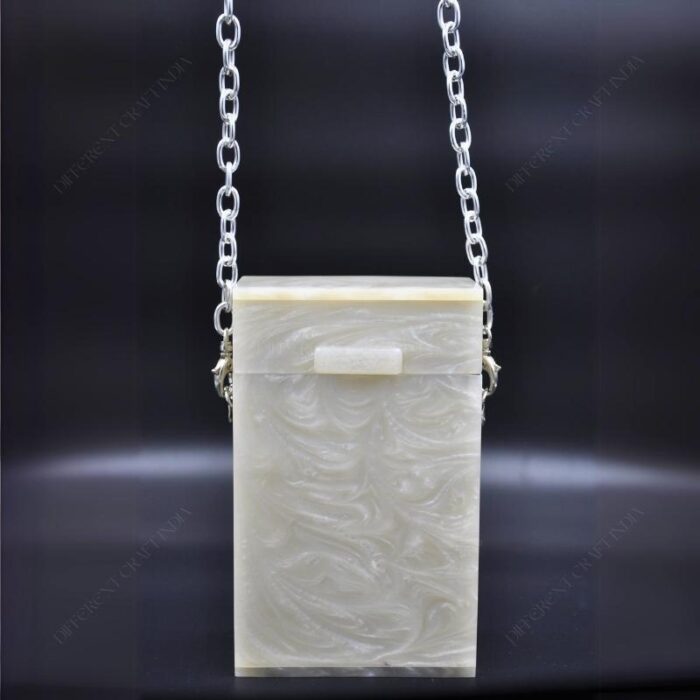 Elegant White Box-Shaped Vertical Resin Clutch with Marble Finish & Detachable Chain