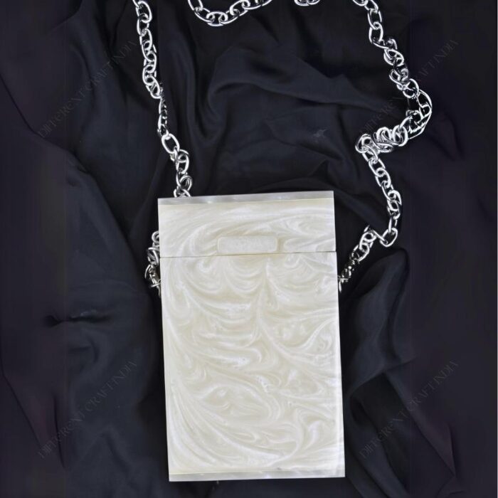 Elegant White Box-Shaped Vertical Resin Clutch with Marble Finish & Detachable Chain