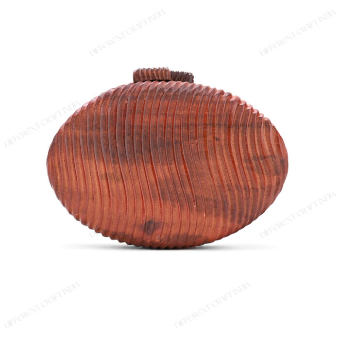 Front view of Handcrafted Oval Wooden Handbag with Wavy Pattern and Unique Vertical Flowing Grooves