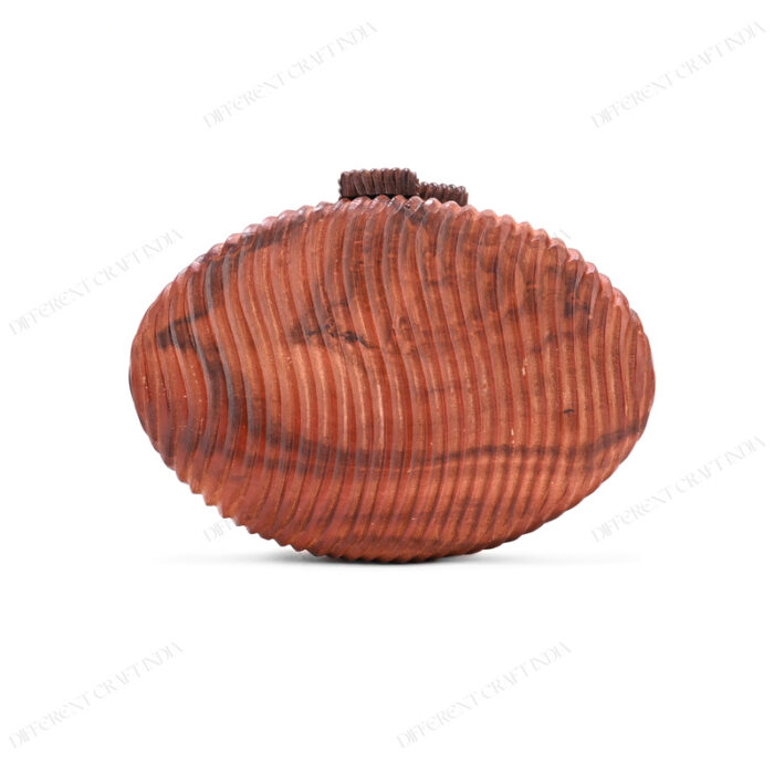 Front view of Handcrafted Oval Wooden Handbag with Wavy Pattern and Unique Vertical Flowing Grooves