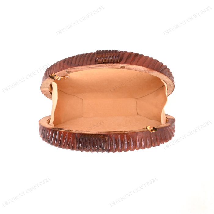 Top Interior view of Handcrafted Oval Wooden Handbag showcasing the suede lining