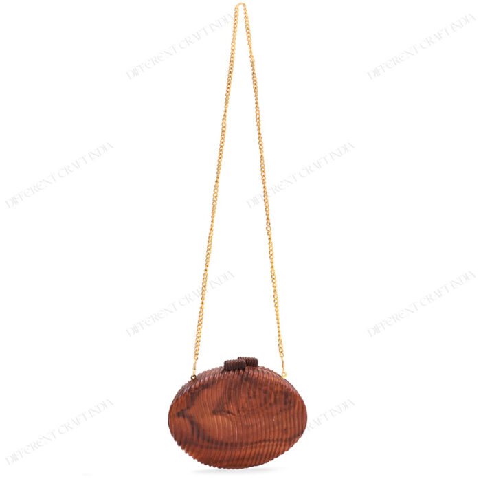 Full view of Handcrafted Oval Wooden Handbag with Gold chain strap, Wavy Pattern and Unique Vertical Flowing Grooves