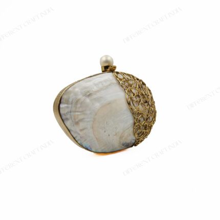 Ocean-Inspired Pearlescent Clam Seashell Evening Bag with Gold-Toned Wirework & Pearl Knob