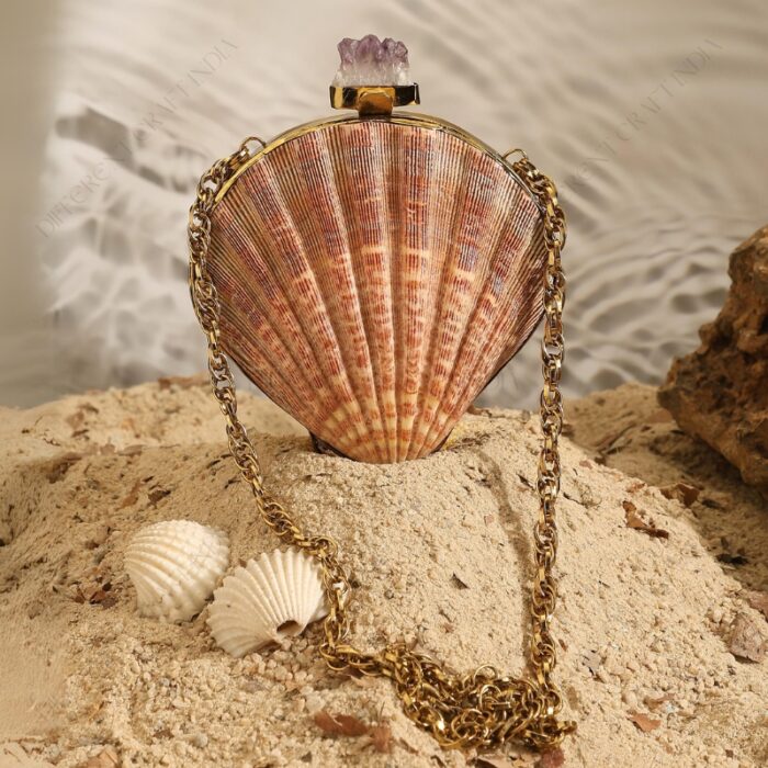 Mini Natural Lion's Paw Scallop Seashell Clutch with Amethyst Knob and Gold Frame